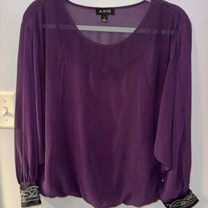 A. Byer Women's Deep Purple Blouse with Sheer Sleeves